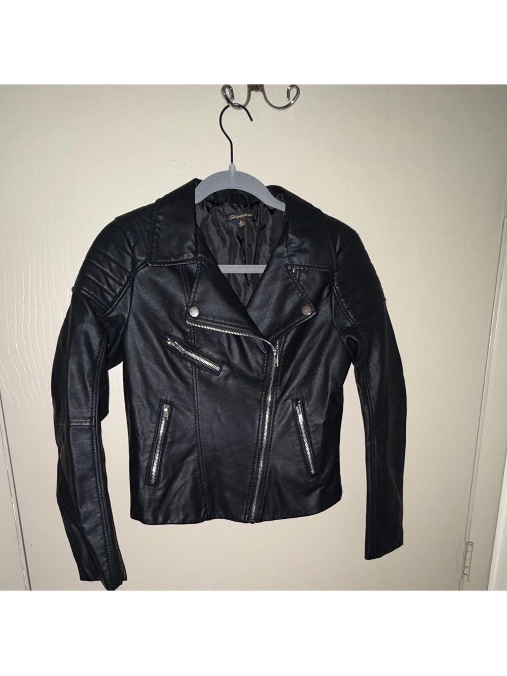 Shinestar Black Faux Leather Moto Jacket with Asymmetric Zip